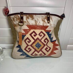 Myra Bag Southwestern Kilim Tote w/ Cowhide & Leather Handles